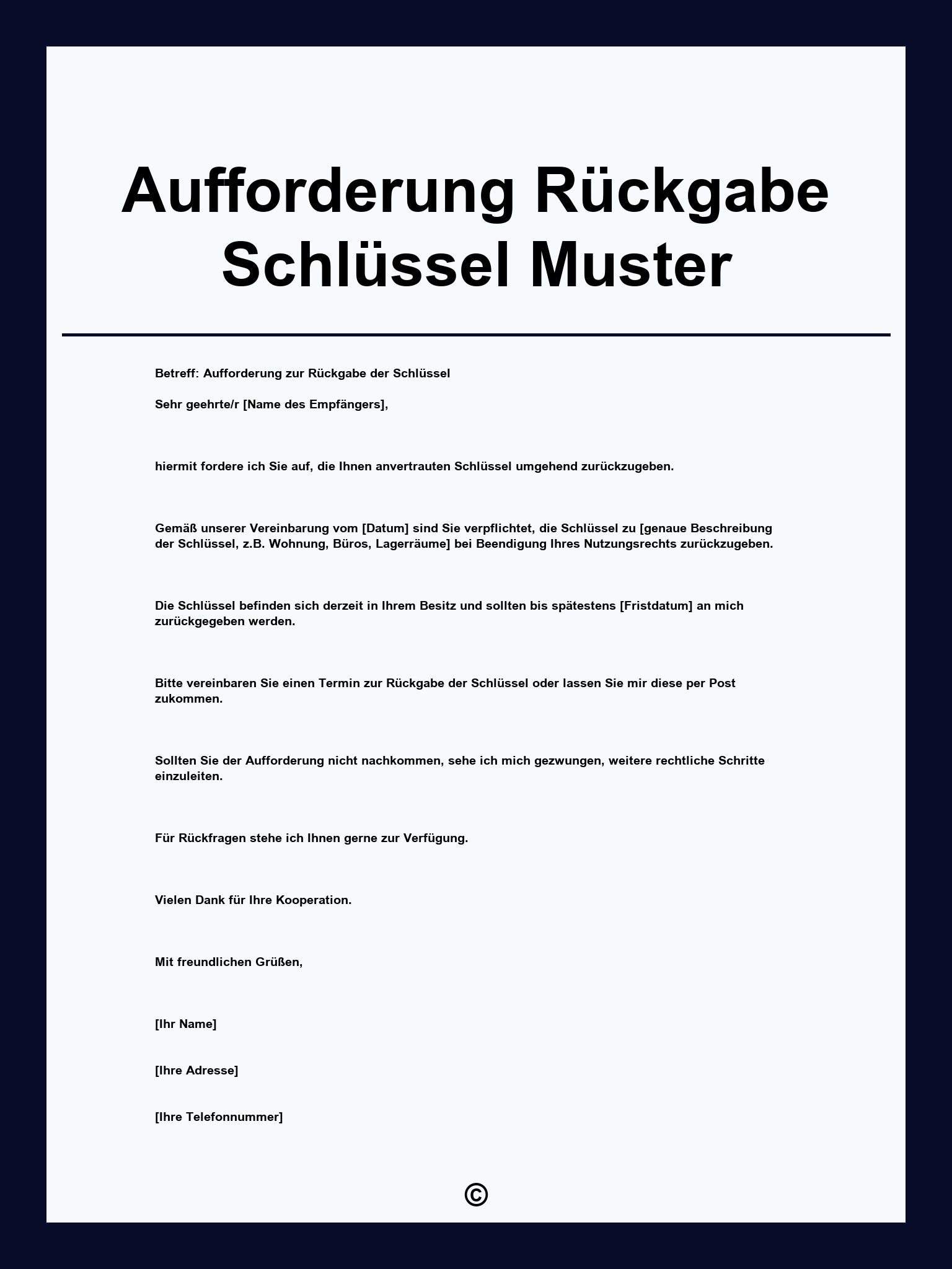 Aufforderung Rückgabe Schlüssel Muster