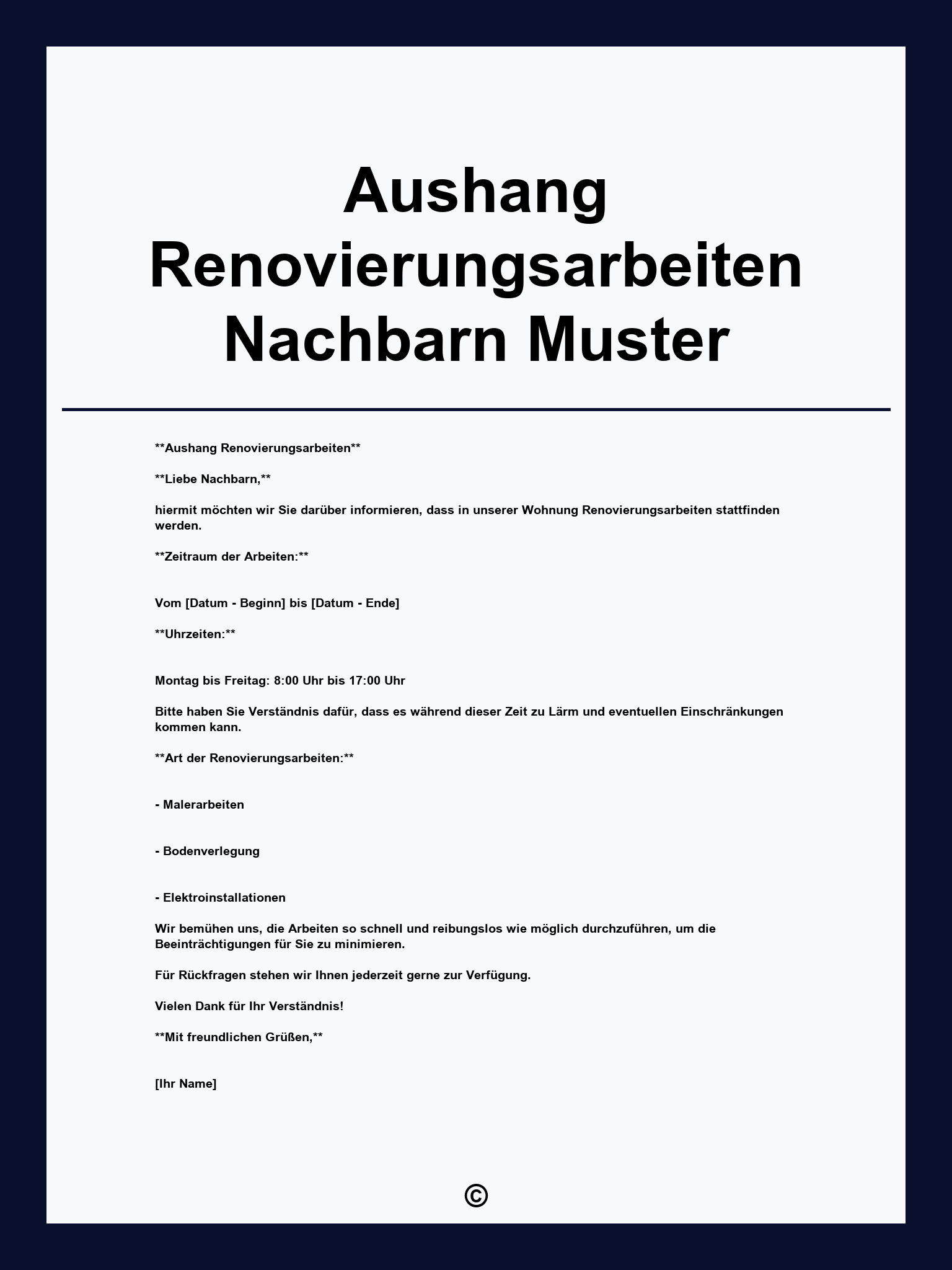 Aushang Renovierungsarbeiten Nachbarn Muster