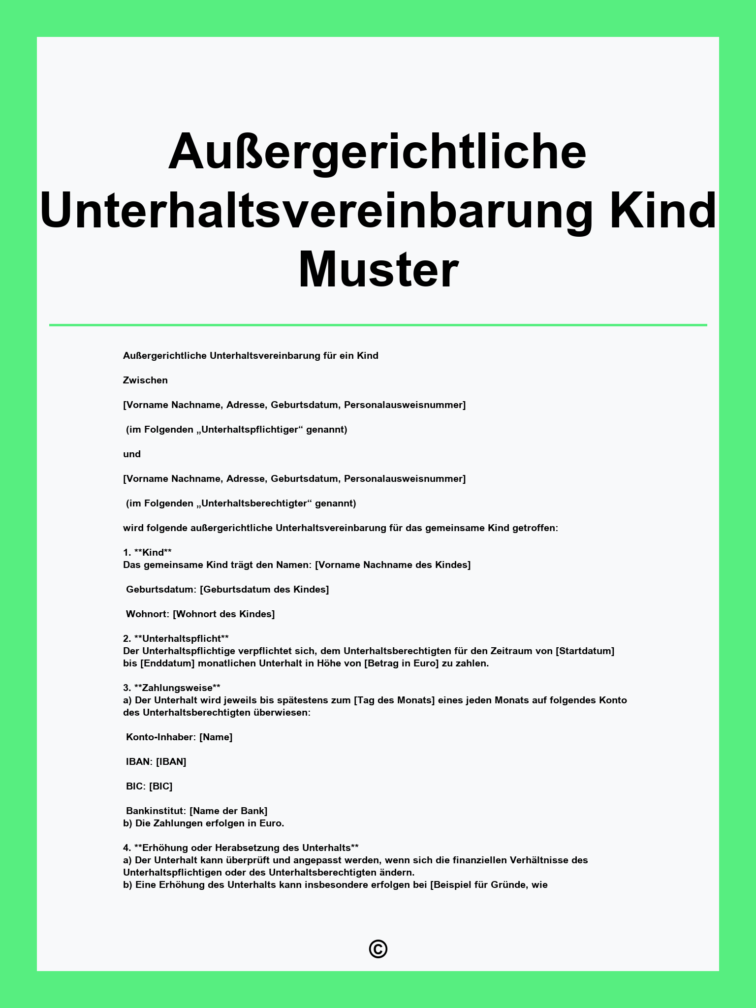 Außergerichtliche Unterhaltsvereinbarung Kind Muster