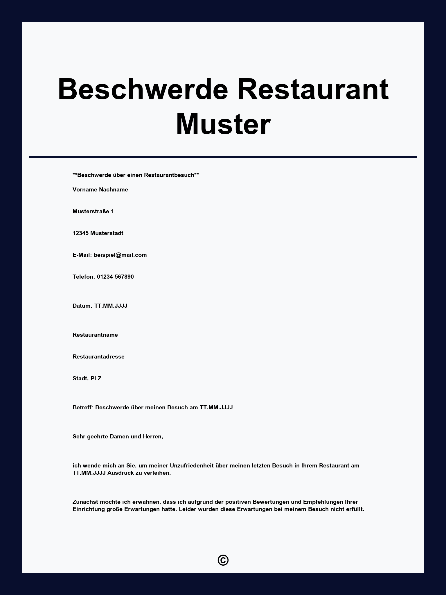 Beschwerde Restaurant Muster