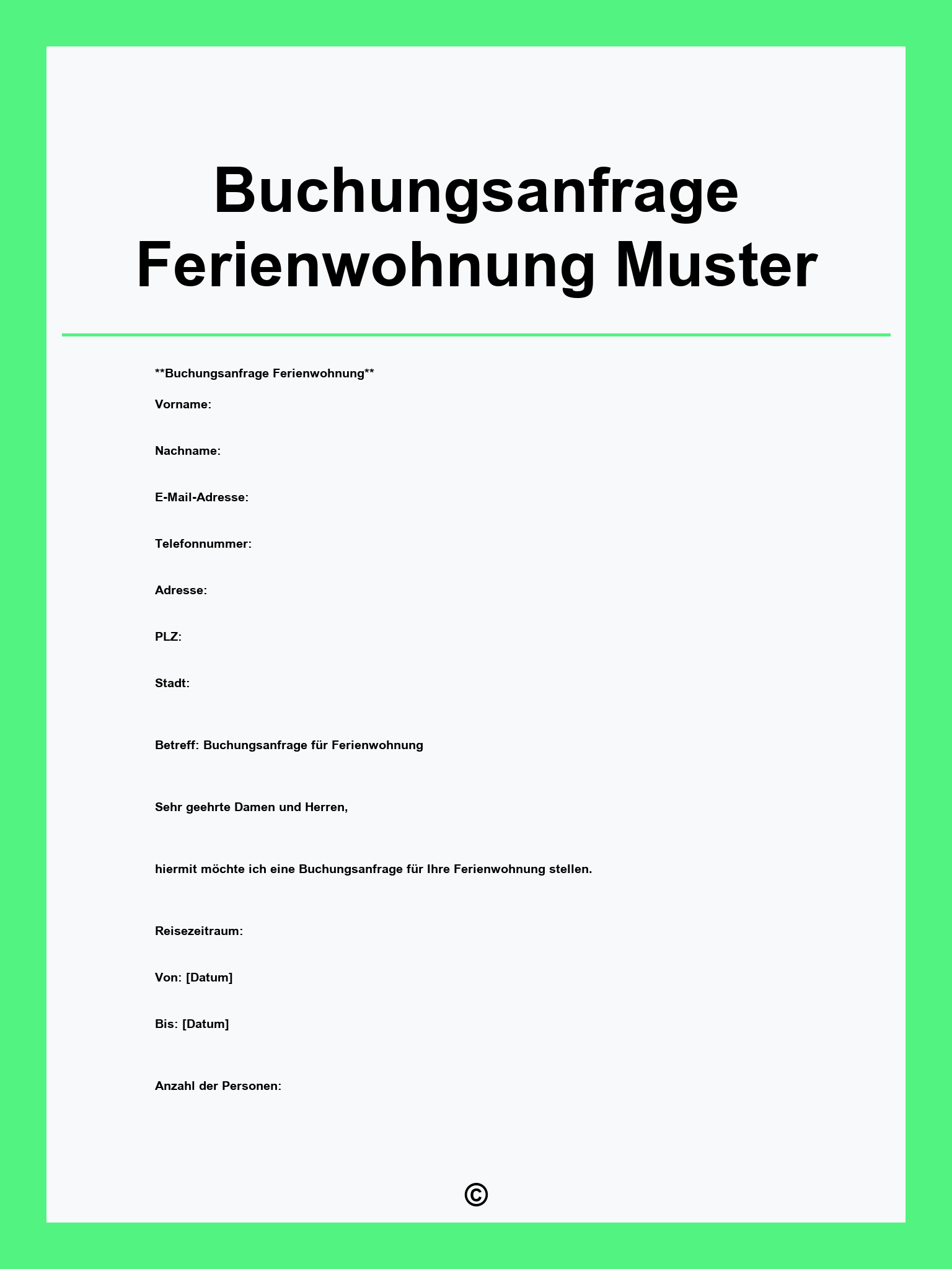 Buchungsanfrage Ferienwohnung Muster