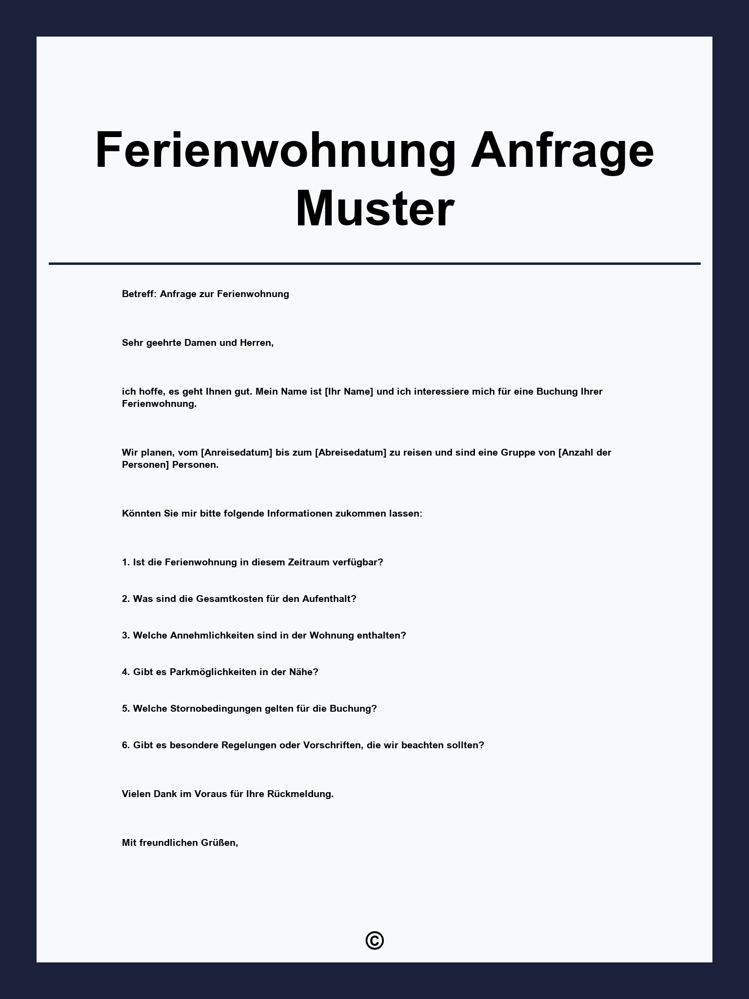 Ferienwohnung Anfrage Muster