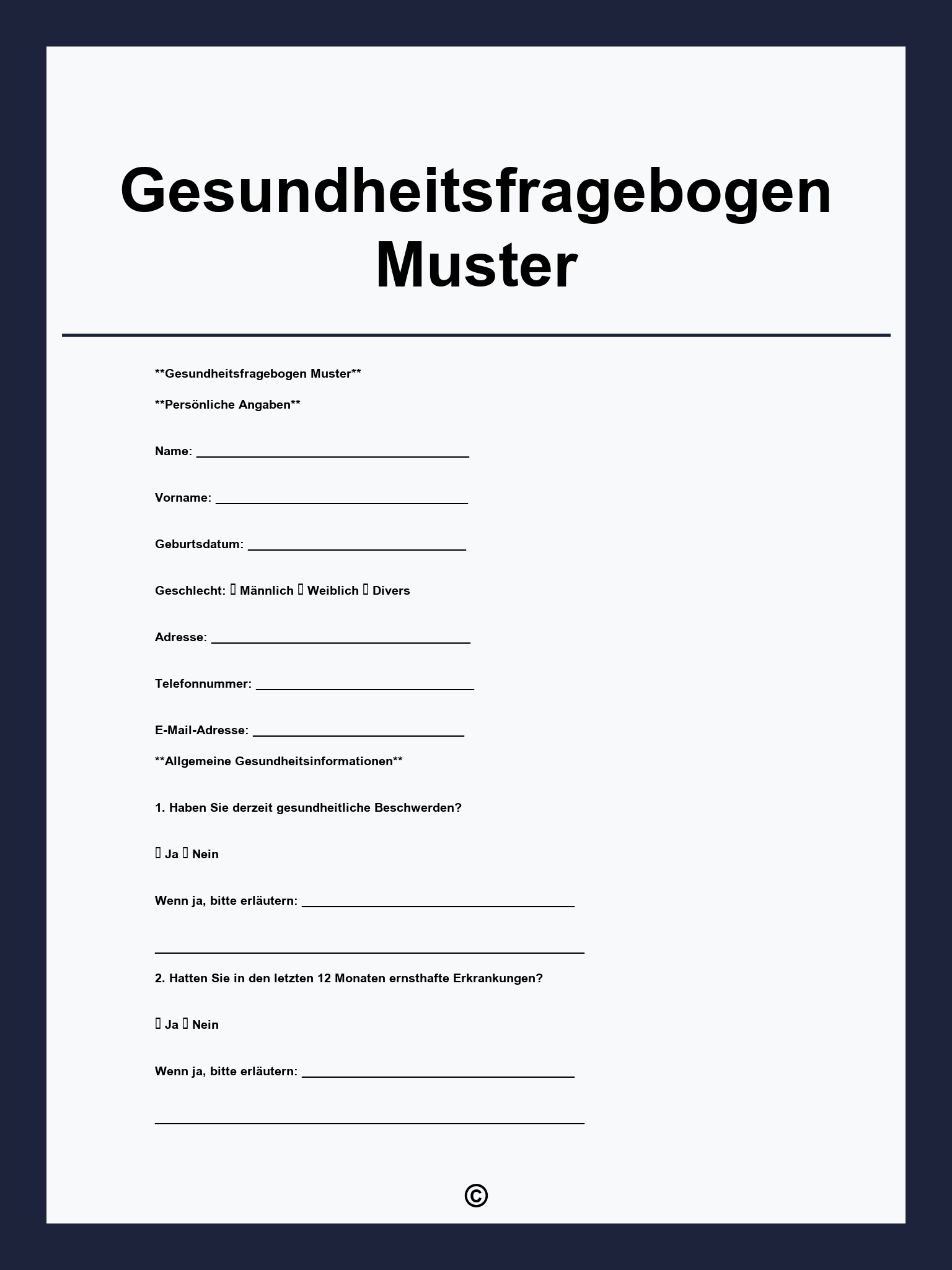 Gesundheitsfragebogen Muster