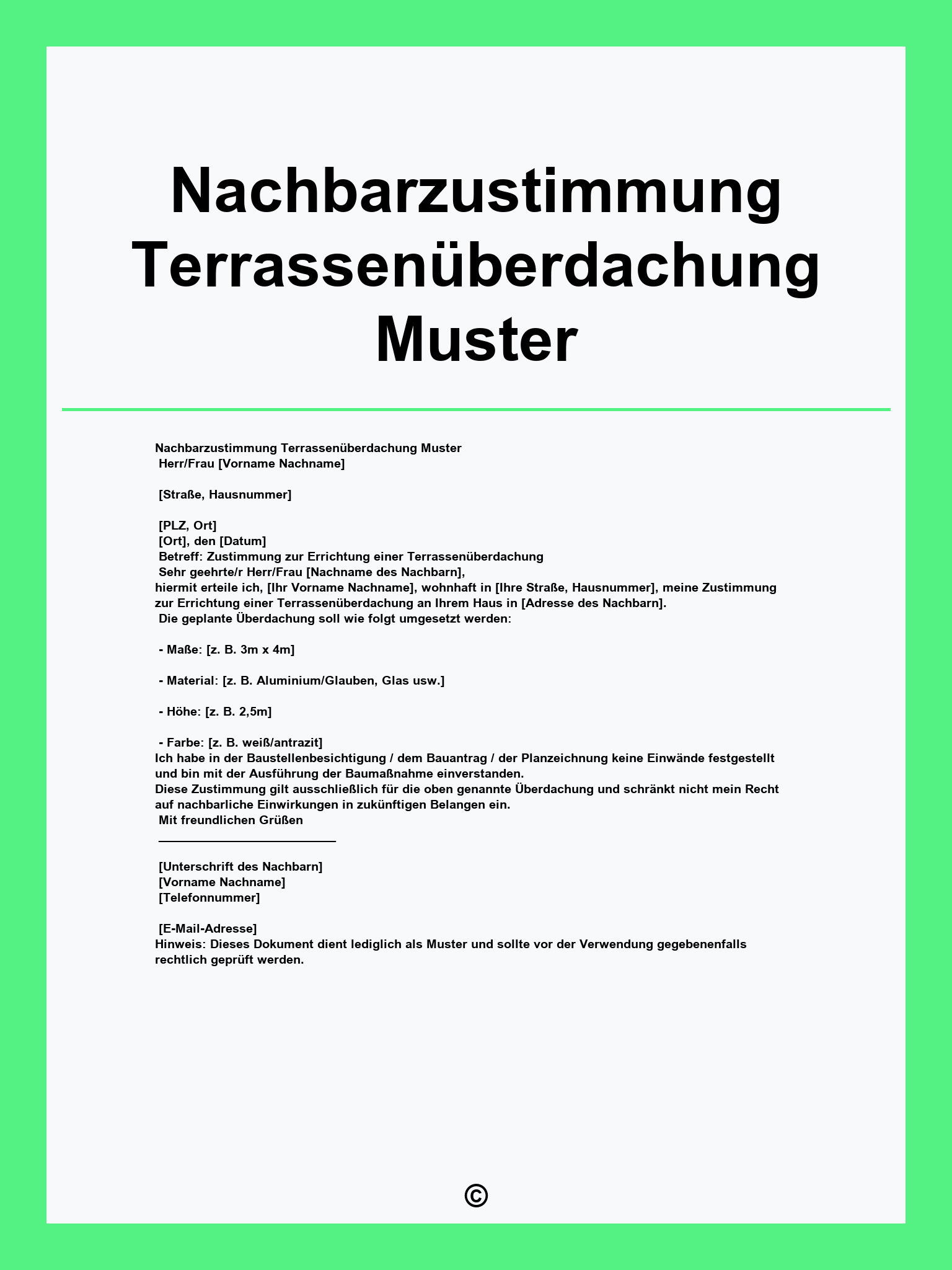 Nachbarzustimmung Terrassenüberdachung Muster