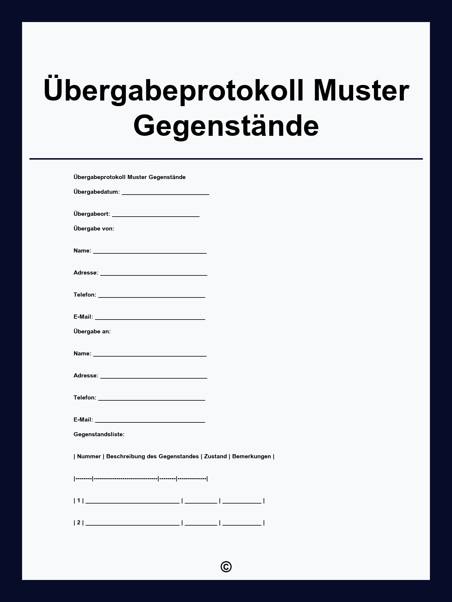Übergabeprotokoll Muster Gegenstände