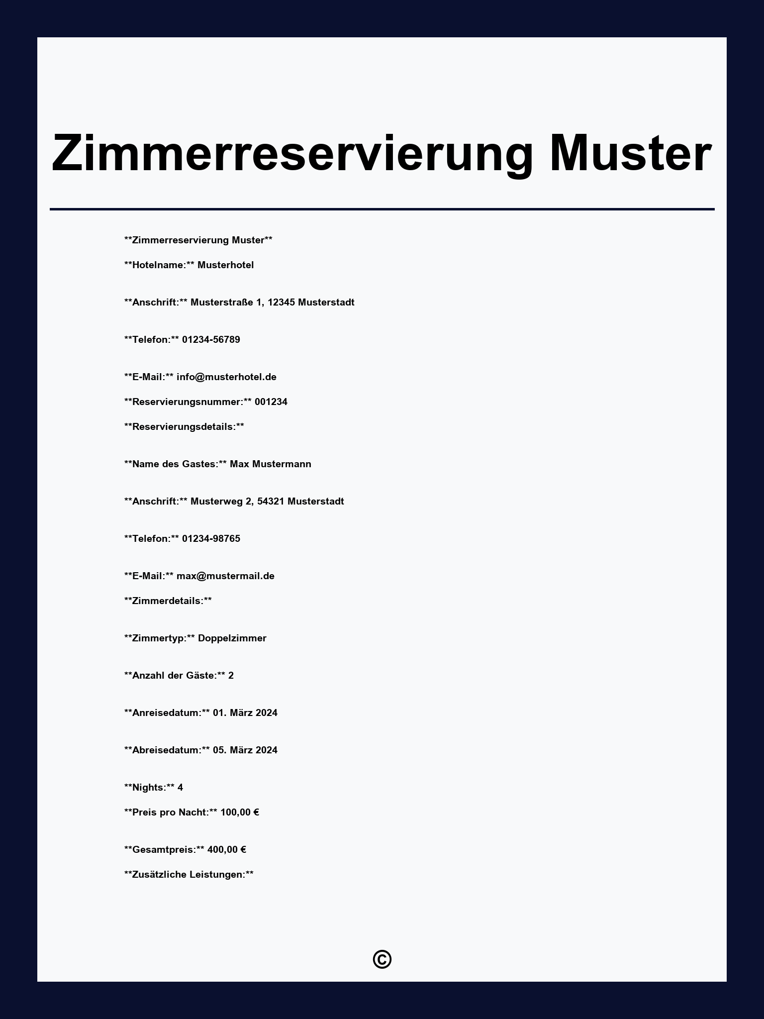 Zimmerreservierung Muster